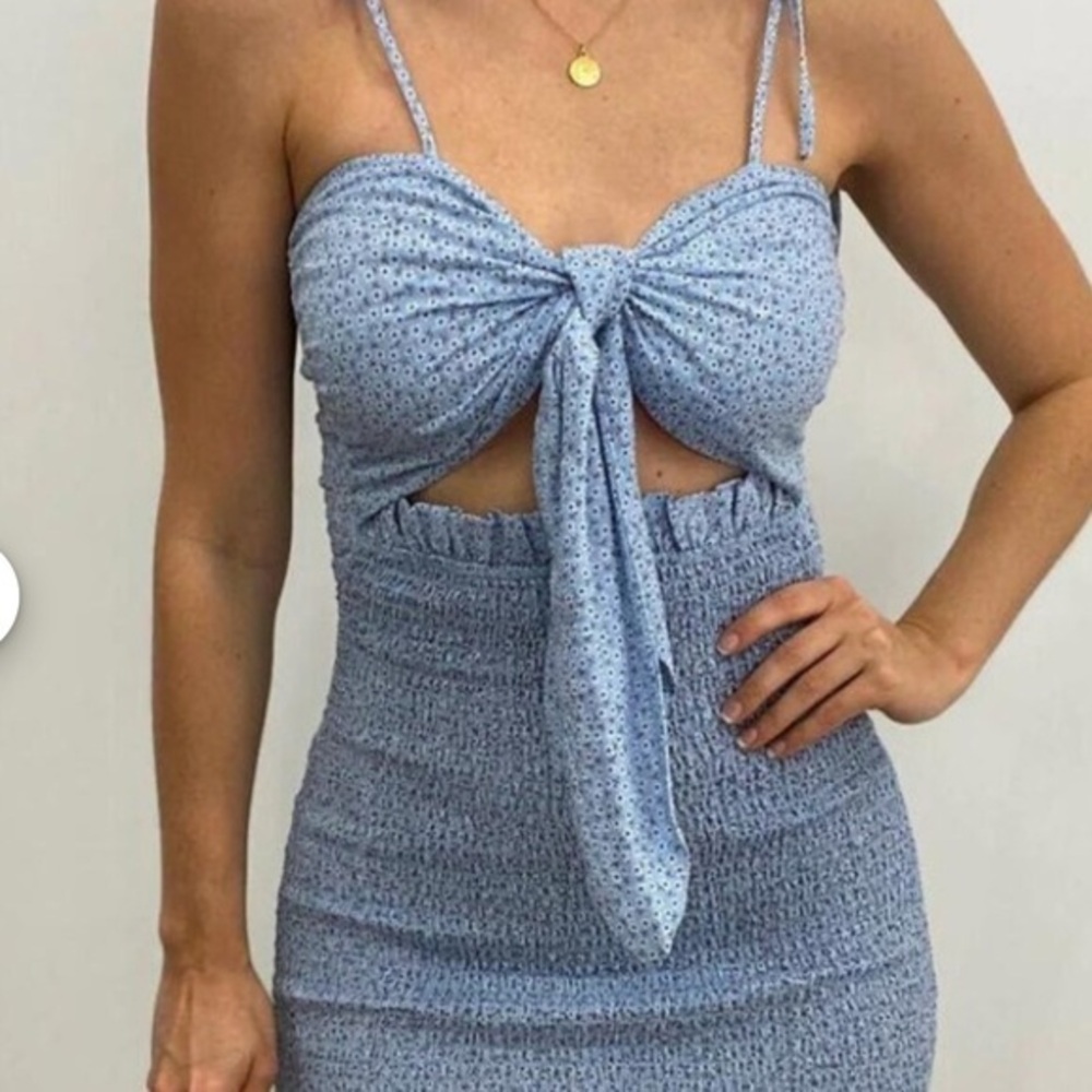 Mable women’s Light Blue Floral Cut Out Mini Sundress with Front Tie/Ruffle Hem